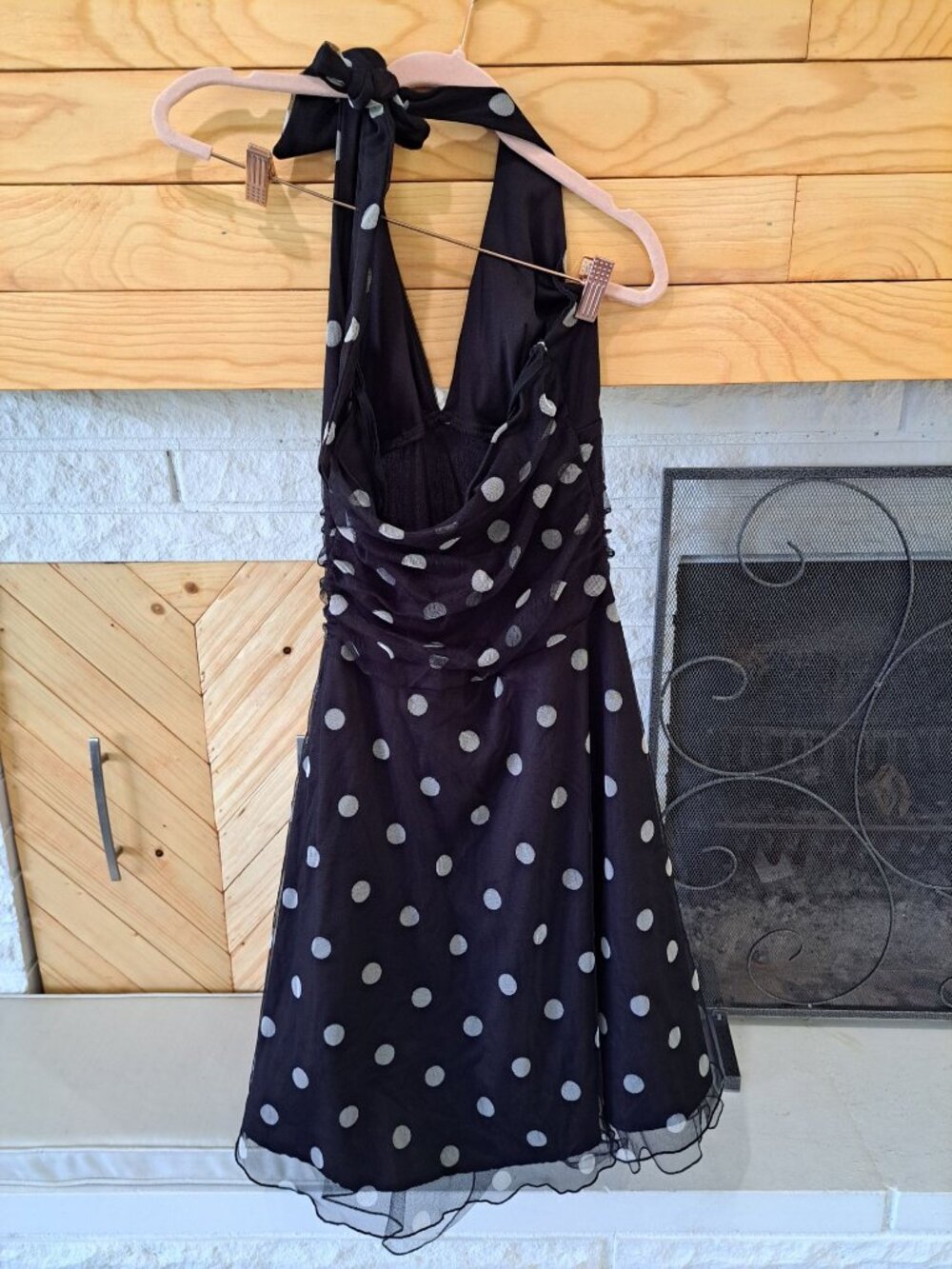 Vtg Ruby Rox Black Polka Dot Halter Dress W/ White Flower Applique L Rockabilly - Picture 4 of 13